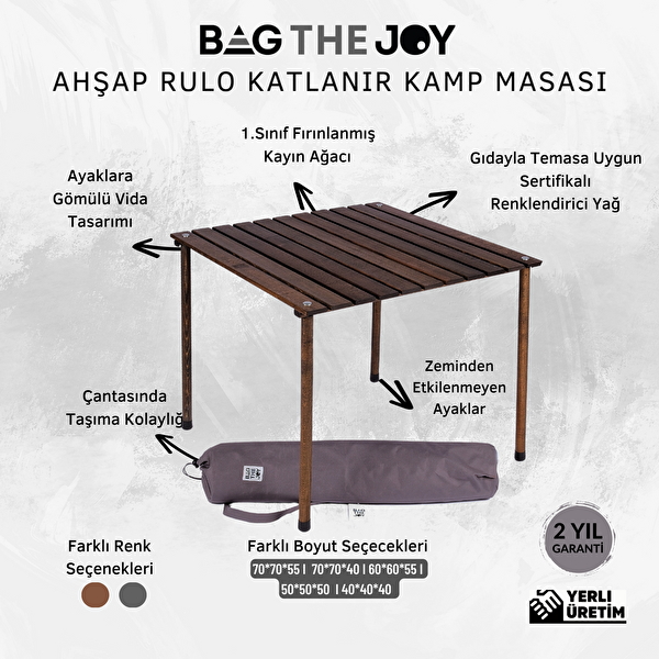 Bag The Joy Antrasit İskelet Turkuaz Kılıf 70x70x55 CM Antrasit Masa Ahşap Katlanır Masa Sandalye Seti