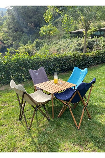 Bag The Joy Kahverengi İskelet Turkuaz Kılıf 70x70x55 CM Kahverengi Masa Ahşap Katlanır Masa Sandalye Seti