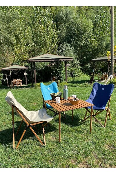 Bag The Joy Kahverengi İskelet Bej Kılıf 70x70x55 CM Kahverengi Masa Ahşap Katlanır Masa Sandalye Seti