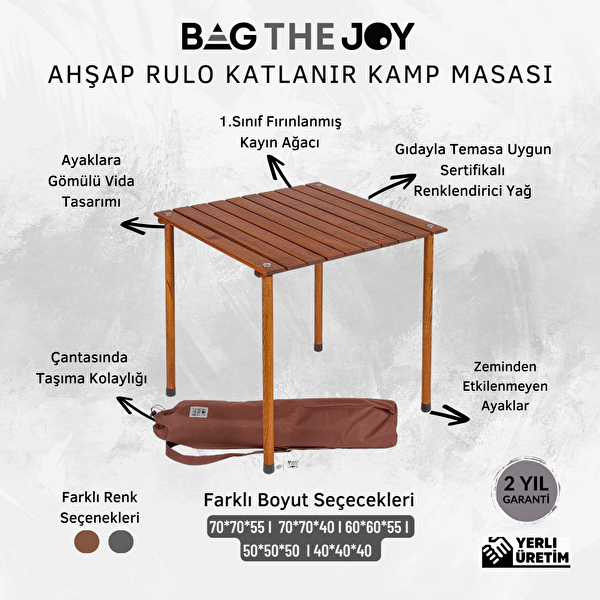 Bag The Joy Kahverengi İskelet Koyu Gri Kılıf 60x60x55 CM Kahverengi Masa Ahşap Katlanır Masa Sandalye Seti