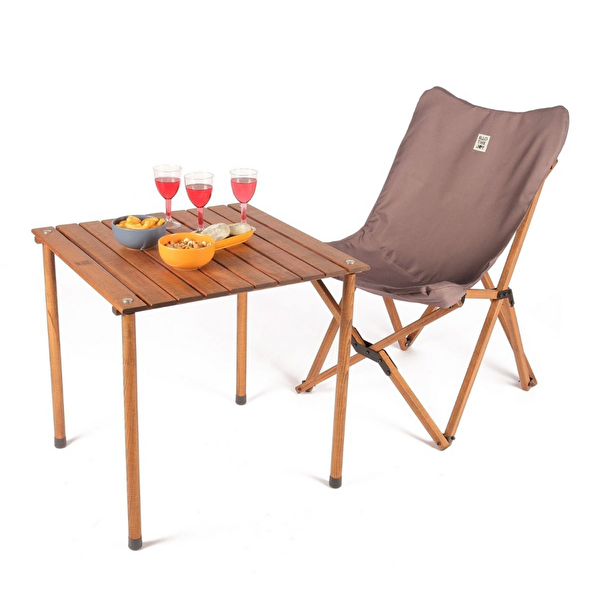 Bag The Joy Kahverengi İskelet Koyu Gri Kılıf 60x60x55 CM Kahverengi Masa Ahşap Katlanır Masa Sandalye Seti
