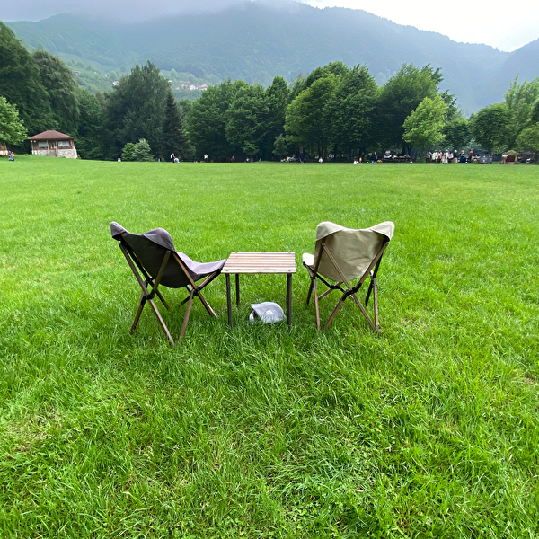 Bag The Joy Antrasit İskelet Bej Kılıf 50x50x50 CM Antrasit Masa Ahşap Katlanır Masa Sandalye Seti