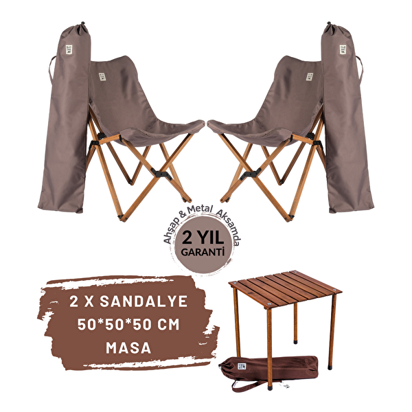 Bag The Joy Kahverengi İskelet Koyu Gri Kılıf 50x50x50 CM Kahverengi Masa Ahşap Katlanır Masa Sandalye Seti