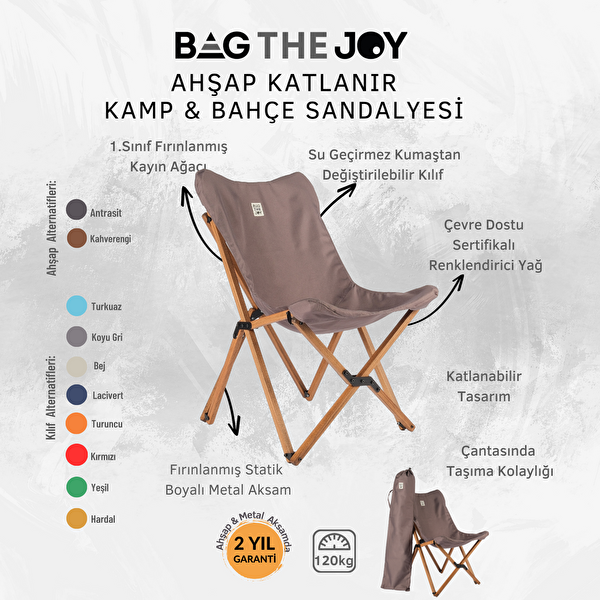Bag The Joy Ahşap Katlanır Kahverengi İskelet Koyu Gri Kamp ve Bahçe Sandalyesi