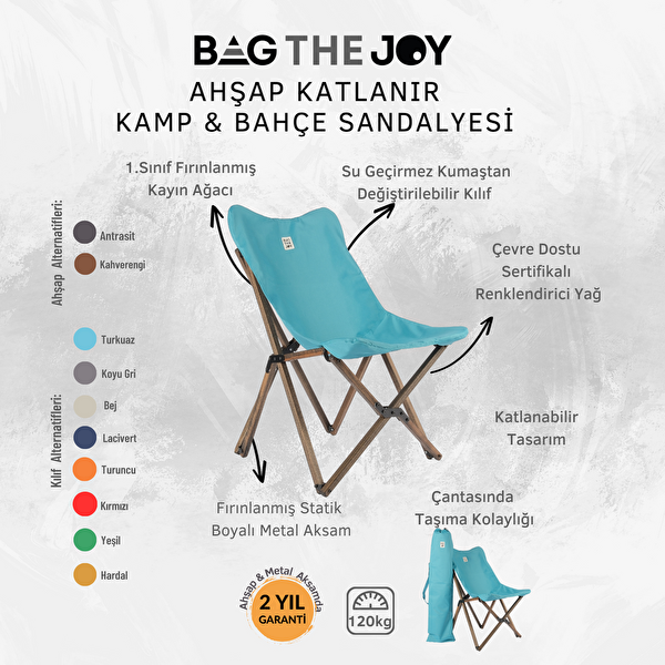 Bag The Joy Ahşap Katlanır Antrasit İskelet Turkuaz Kamp ve Bahçe Sandalyesi