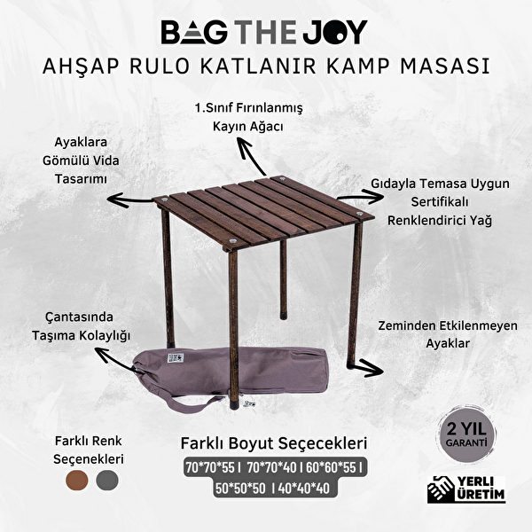 Bag The Joy Antrasit İskelet Turuncu Kılıf Sandalye ve 50x50x50 CM Kahverengi Ahşap Katlanır Masa Seti
