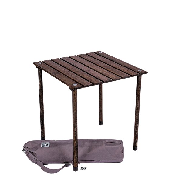 Bag The Joy Antrasit İskelet Turuncu Kılıf Sandalye ve 50x50x50 CM Kahverengi Ahşap Katlanır Masa Seti