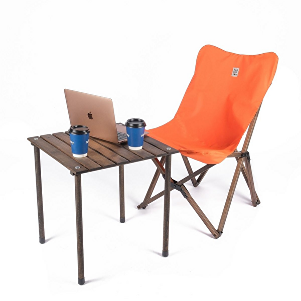 Bag The Joy Antrasit İskelet Turuncu Kılıf Sandalye ve 50x50x50 CM Kahverengi Ahşap Katlanır Masa Seti