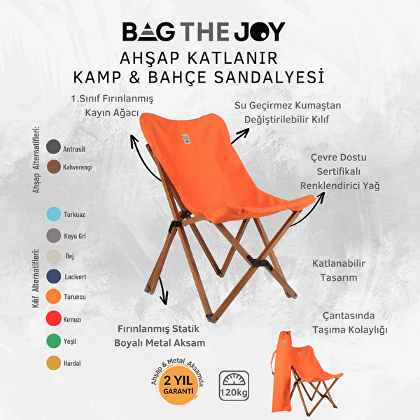 Bag The Joy Antrasit İskelet Turuncu Kılıf Sandalye ve 50x50x50 CM Kahverengi Ahşap Katlanır Masa Seti