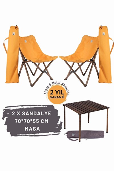 Bag The Joy Antrasit İskelet Hardal Kılıf Sandalye ve 70x70x55 CM Kahverengi Ahşap Katlanır Masa Seti