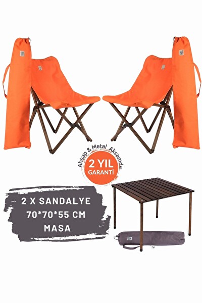 Bag The Joy Antrasit İskelet Turuncu Kılıf Sandalye ve 70x70x55 CM Kahverengi Ahşap Katlanır Masa Seti