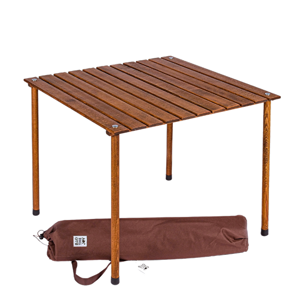 Bag The Joy Kahverengi İskelet Yeşil Kılıf Sandalye ve 70x70x55 CM Kahverengi Ahşap Katlanır Masa Seti
