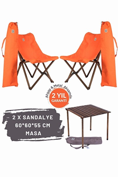 Bag The Joy Antrasit Turuncu Kılıf Sandalye ve 60x60x55 CM Kahverengi Ahşap Katlanır Masa Seti