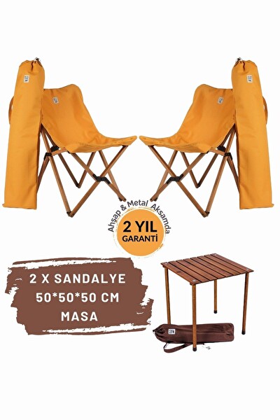 Bag The Joy Kahverengi İskelet Hardal Kılıf Sandalye ve 50x50x50 CM Kahverengi Ahşap Katlanır Masa Seti
