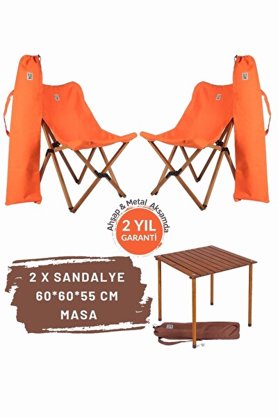 Bag The Joy Kahverengi Turuncu Kılıf Sandalye ve 60x60x55 CM Kahverengi Ahşap Katlanır Masa Seti