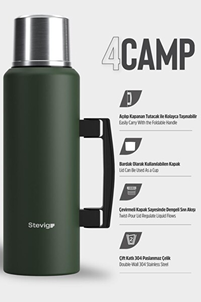 Stevig 4 Camp Klasik Vakumlu Kulplu Çelik Termos 1.5 L Yeşil ST-206