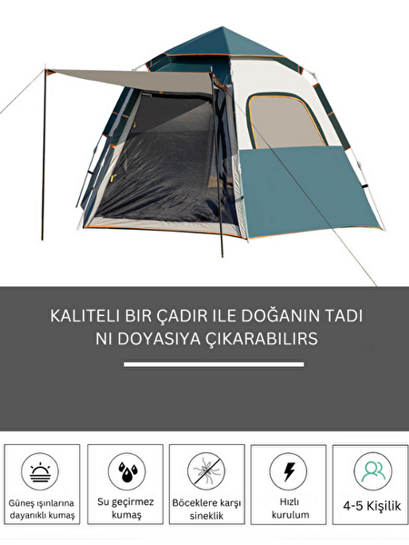 Kuara Su Geçirmez UV Korumalı Hidrolik Destekli Pop-Up 4-5 Kişilik Hızlı Kurulum Aile Çadırı
