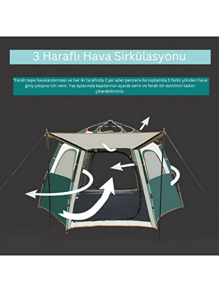 Kuara Su Geçirmez UV Korumalı Hidrolik Destekli Pop-Up 4-5 Kişilik Hızlı Kurulum Aile Çadırı