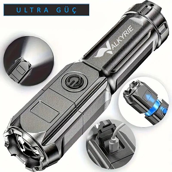 Valkyrie Şarjlı Ultra Güç Zoom 3 Mod Type-C Uzun Kullanım Suya Dayanıklı El Feneri