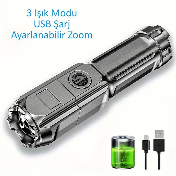Valkyrie Şarjlı Ultra Güç Zoom 3 Mod Type-C Uzun Kullanım Suya Dayanıklı El Feneri