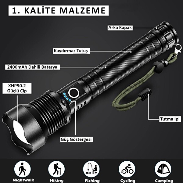 Valkyrie Şarjlı LED Ultra Güçlü 2400 mAh Zoom Darbeye Suya Dayanıklı El Feneri