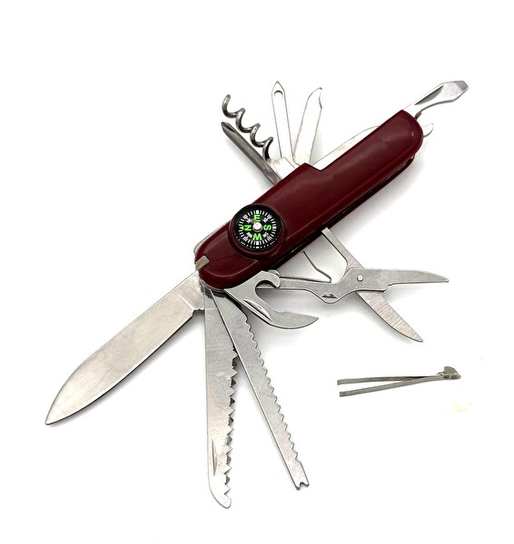 Valkyrie 14 Fonksiyonlu Bordo Pusulalı Çok Amaçlı Cep Çakısı