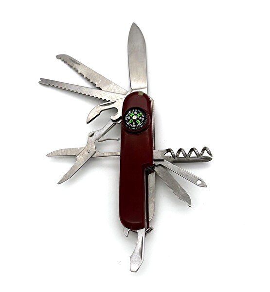 Valkyrie 14 Fonksiyonlu Bordo Pusulalı Çok Amaçlı Cep Çakısı