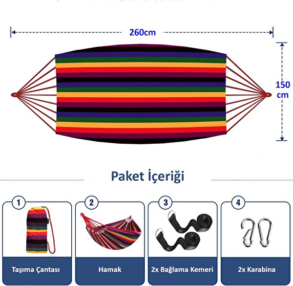 Valkyrie Çift Kişilik XL 260x150 CM Kemerli Kolay Kurulabilir Kanvas Çantalı Hamak