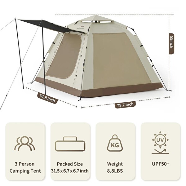 Naturehike Ango Piknik Otomatik Kurulum 3 Kişilik Fresh & Black Kamp Çadırı