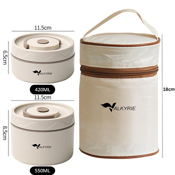 Valkyrie 304 Steel 420 ML+ 550 ML 2 Gözlü Paslanmaz Çelik Isı Yalıtımlı Yemek Kabı Seti - Çantalı