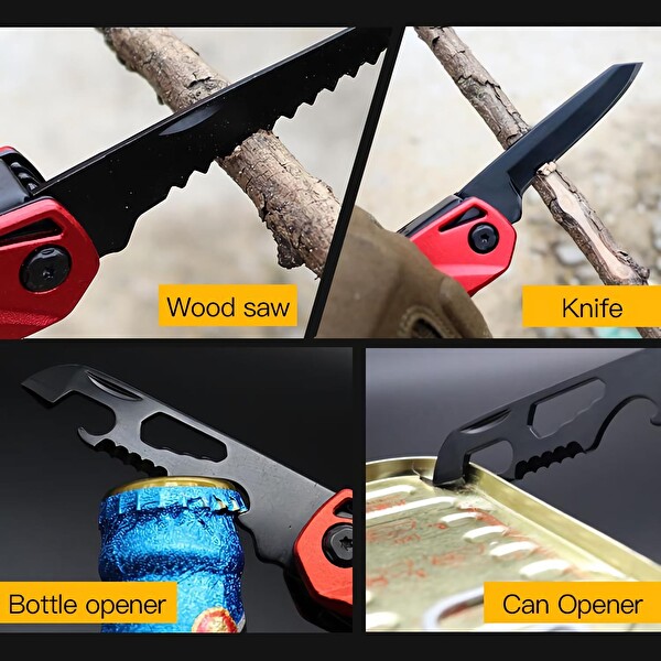 Valkyrie Çok Fonksiyonlu Çekiç Çakı Çantalı Kamp Outdoor Testere Tornavida Seti Kırmızı