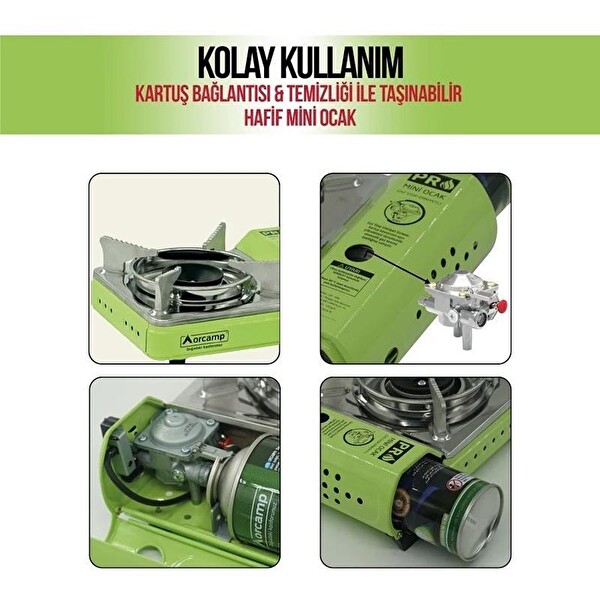 Orcamp Pro Mini Çantalı Gaz Stop Emniyetli Kamp Ocağı Yeşil