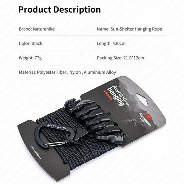 Naturehike Çok Fonksiyonlu Kancalı Ayarlanabilir Asma İpi 4.3 M Koyu Gri