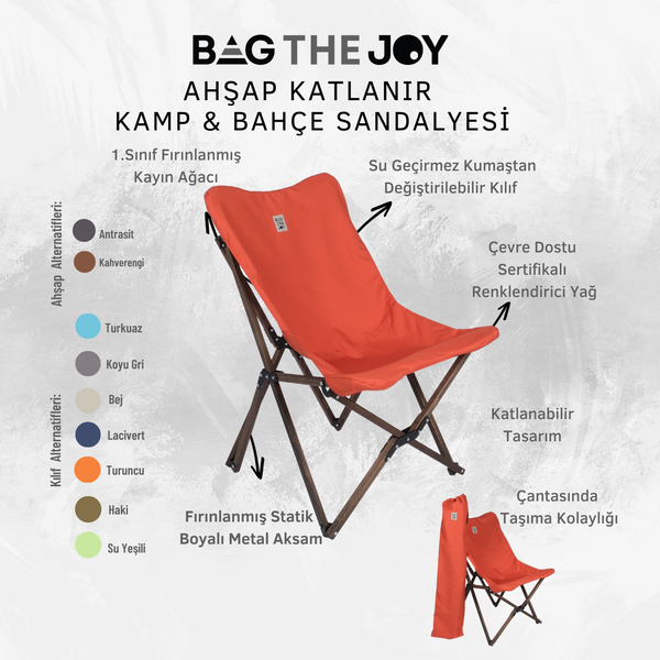 Bag The Joy Ahşap Katlanır Antrasit İskelet Kiremit Kamp ve Bahçe Sandalyesi