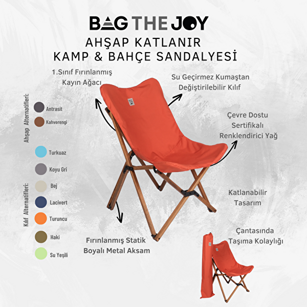 Bag The Joy Ahşap Katlanır Kahverengi İskelet Kiremit Kamp ve Bahçe Sandalyesi