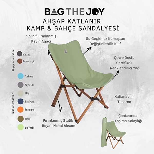 Bag The Joy Ahşap Katlanır Kahverengi İskelet Su Yeşili Kamp ve Bahçe Sandalyesi