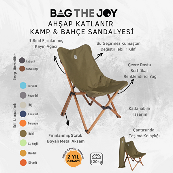 Bag The Joy Ahşap Katlanır Kahverengi İskelet Haki Kamp ve Bahçe Sandalyesi