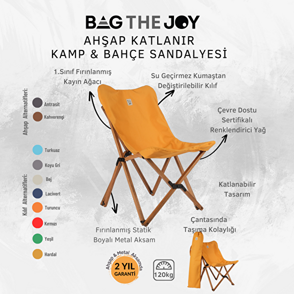 Bag The Joy Ahşap Katlanır Kahverengi İskelet Hardal Kamp ve Bahçe Sandalyesi