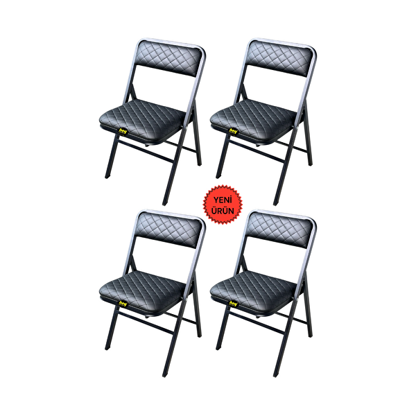 Hey Modüler Mobilya Siyah Deri Baklava 4'lü Katlanır Piknik Kamp Sandalyesi