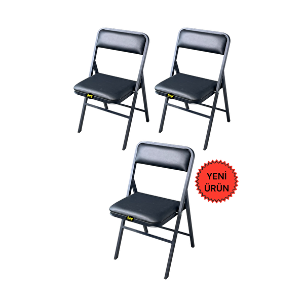 Hey Modüler Mobilya Siyah Deri 3'lü Katlanır Piknik Kamp Sandalyesi
