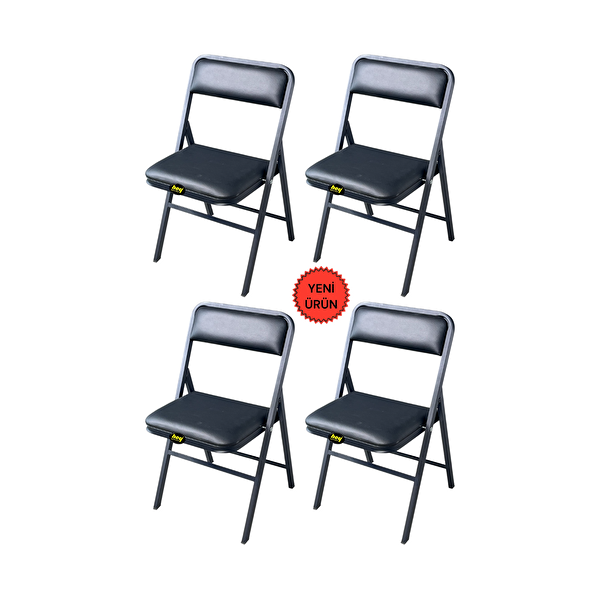 Hey Modüler Mobilya Siyah Deri 4'lü Katlanır Piknik Kamp Sandalyesi