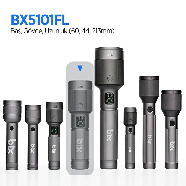 Bix BX5101FL 60W LED 850 M Uzun Menzilli Şarjlı El Feneri 2300 Lümen Çok Modlu Işıklı Kamp Feneri