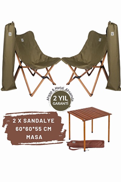 Bag The Joy Kahverengi Haki Kılıf Sandalye ve 60x60x55 CM Kahverengi Ahşap Katlanır Masa Seti