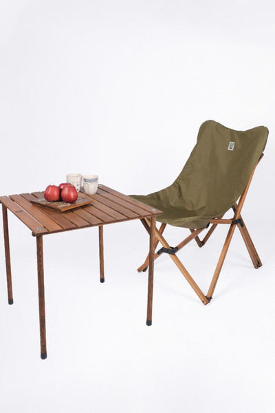 Bag The Joy Kahverengi Haki Kılıf Sandalye ve 60x60x55 CM Kahverengi Ahşap Katlanır Masa Seti