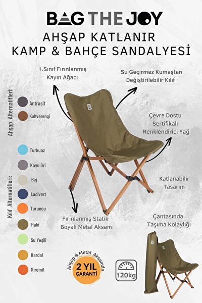 Bag The Joy Kahverengi Haki Kılıf Sandalye ve 60x60x55 CM Kahverengi Ahşap Katlanır Masa Seti