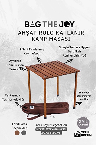 Bag The Joy Kahverengi Kiremit Kılıf Sandalye ve 50x50x50 CM Kahverengi Ahşap Katlanır Masa Seti