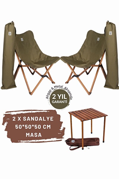 Bag The Joy Kahverengi Haki Kılıf Sandalye ve 50x50x50 CM Kahverengi Ahşap Katlanır Masa Seti