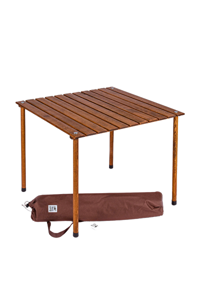 Bag The Joy Kahverengi İskelet Su Yeşili Kılıf ve 70x70x55 CM Kahverengi Masa Ahşap Katlanır Masa Sandalye Seti