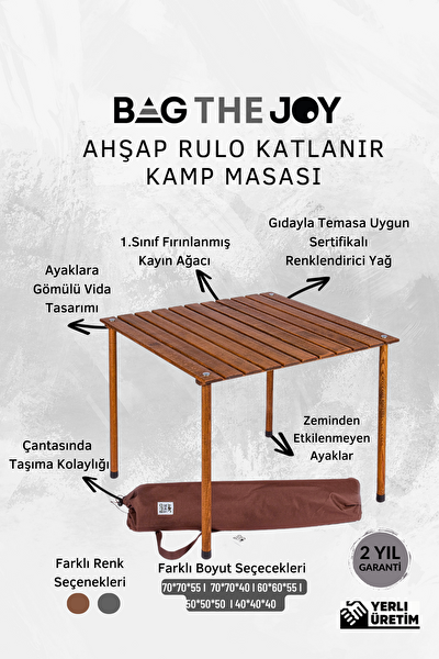 Bag The Joy Kahverengi İskelet Su Yeşili Kılıf ve 70x70x55 CM Kahverengi Masa Ahşap Katlanır Masa Sandalye Seti