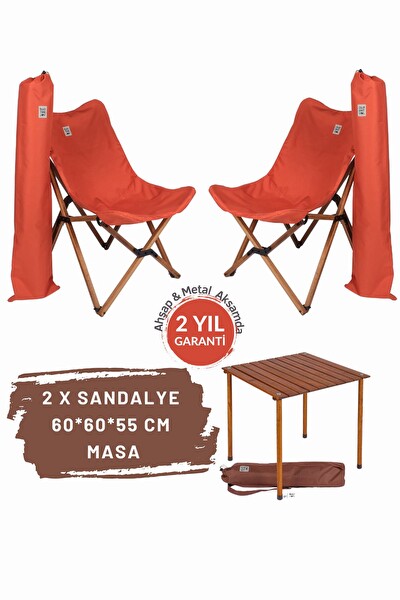 Bag The Joy Kahverengi Kiremit Kılıf Sandalye ve 60x60x55 CM Kahverengi Ahşap Katlanır Masa Seti